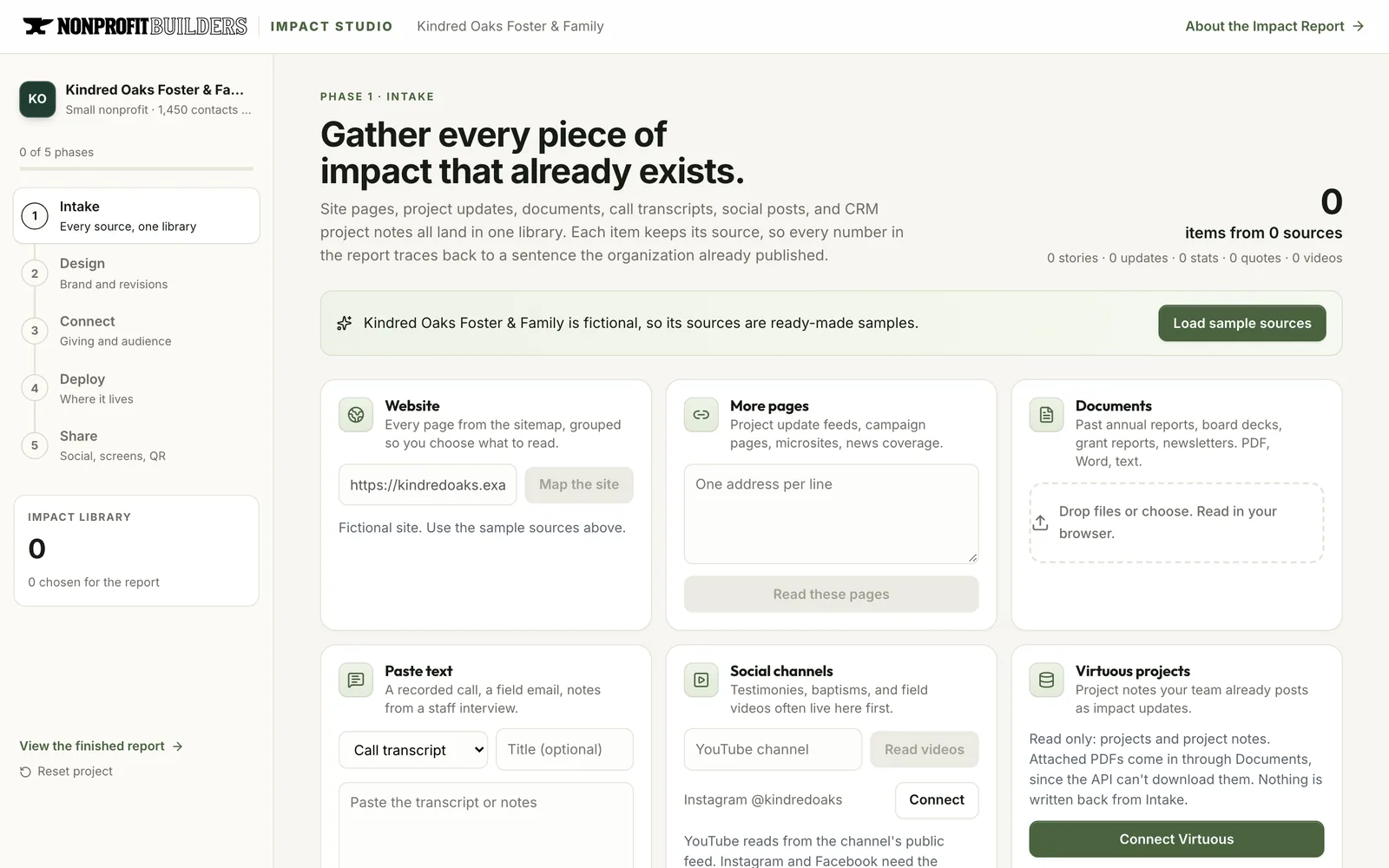 The Impact Studio for Kindred Oaks, open on Intake, with the five phases across the top